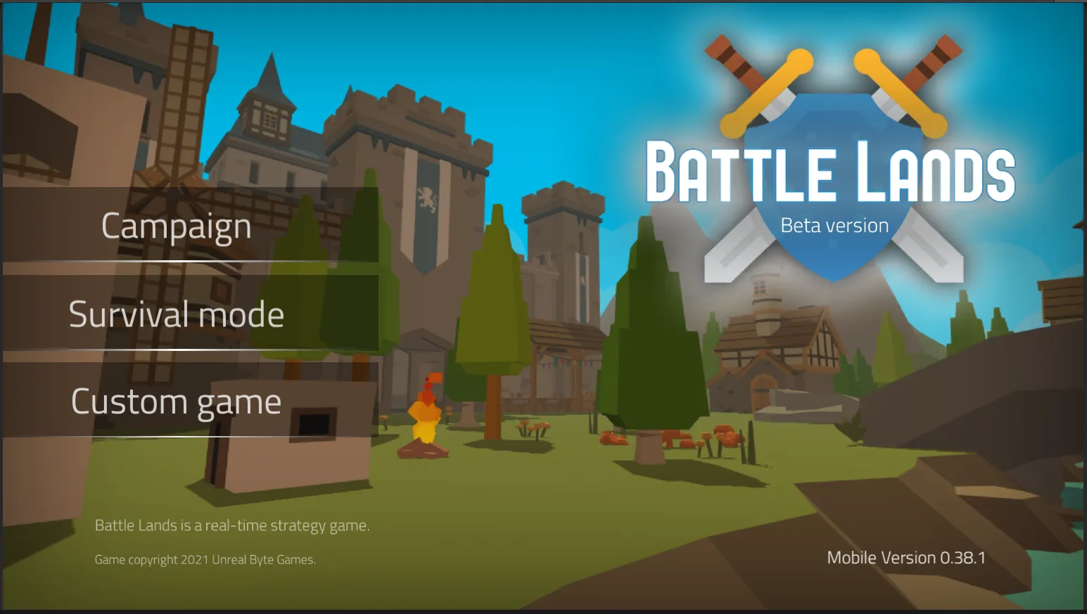 Battle Lands title screen: a low-poly castle town with Campaign, Survival mode and Custom game buttons and the crossed-swords logo