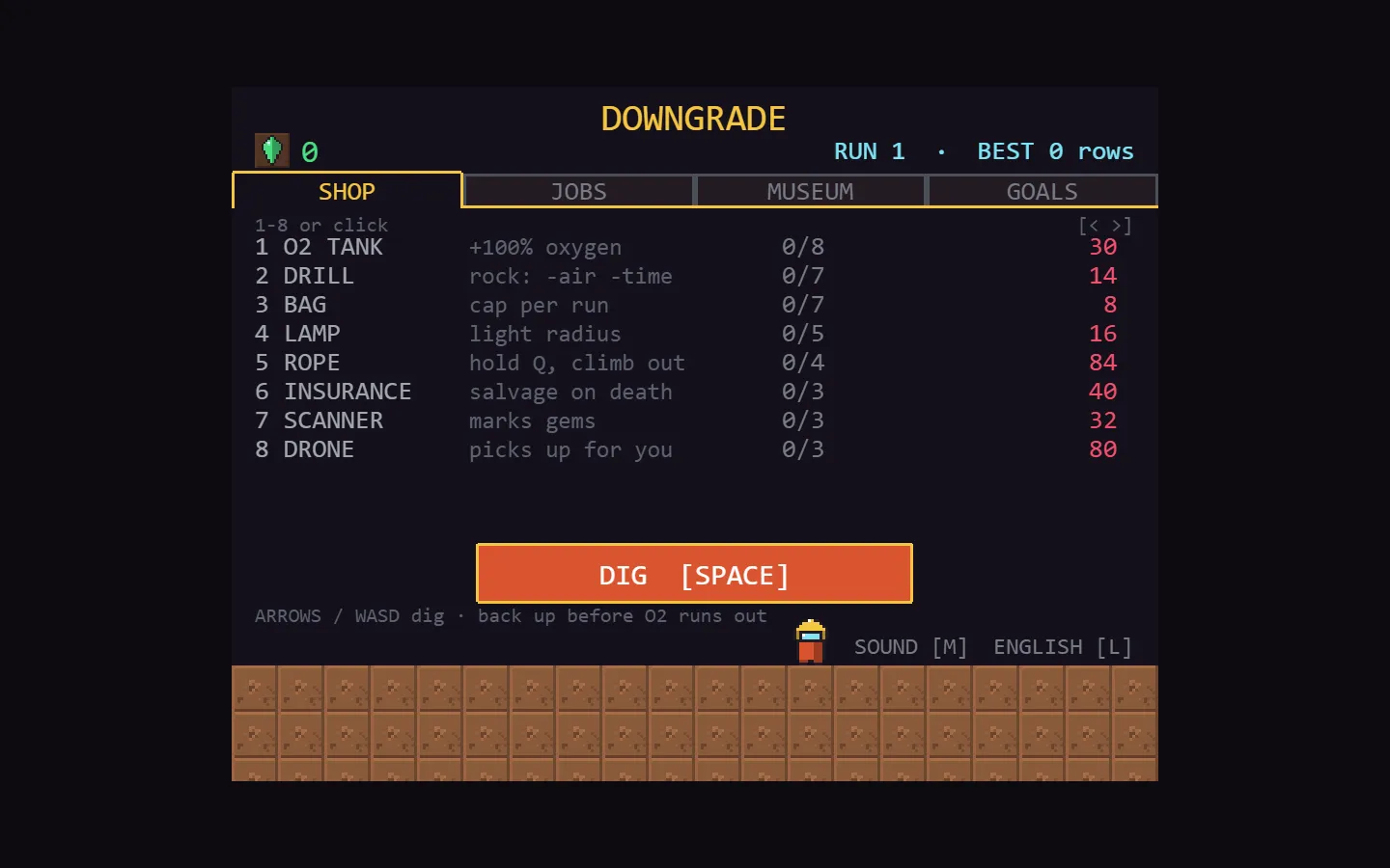 Downgrade shop screen before the first run: eight upgrades from O2 tank to drone with prices, a big DIG button and a strip of dirt tiles below