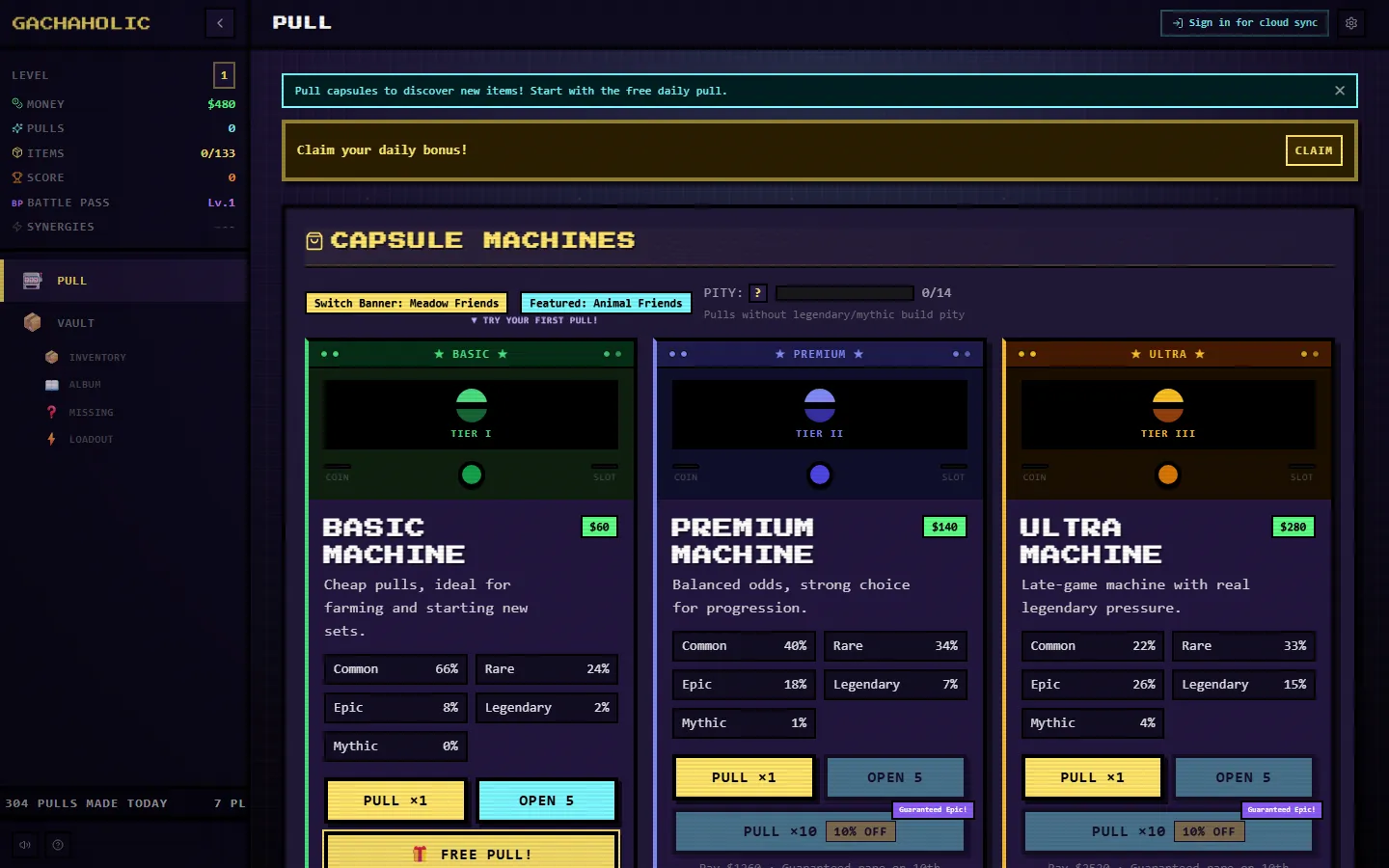 Gachaholic pull screen: three capsule machines, basic, premium and ultra, each listing its rarity odds, with the pity counter and the player sidebar