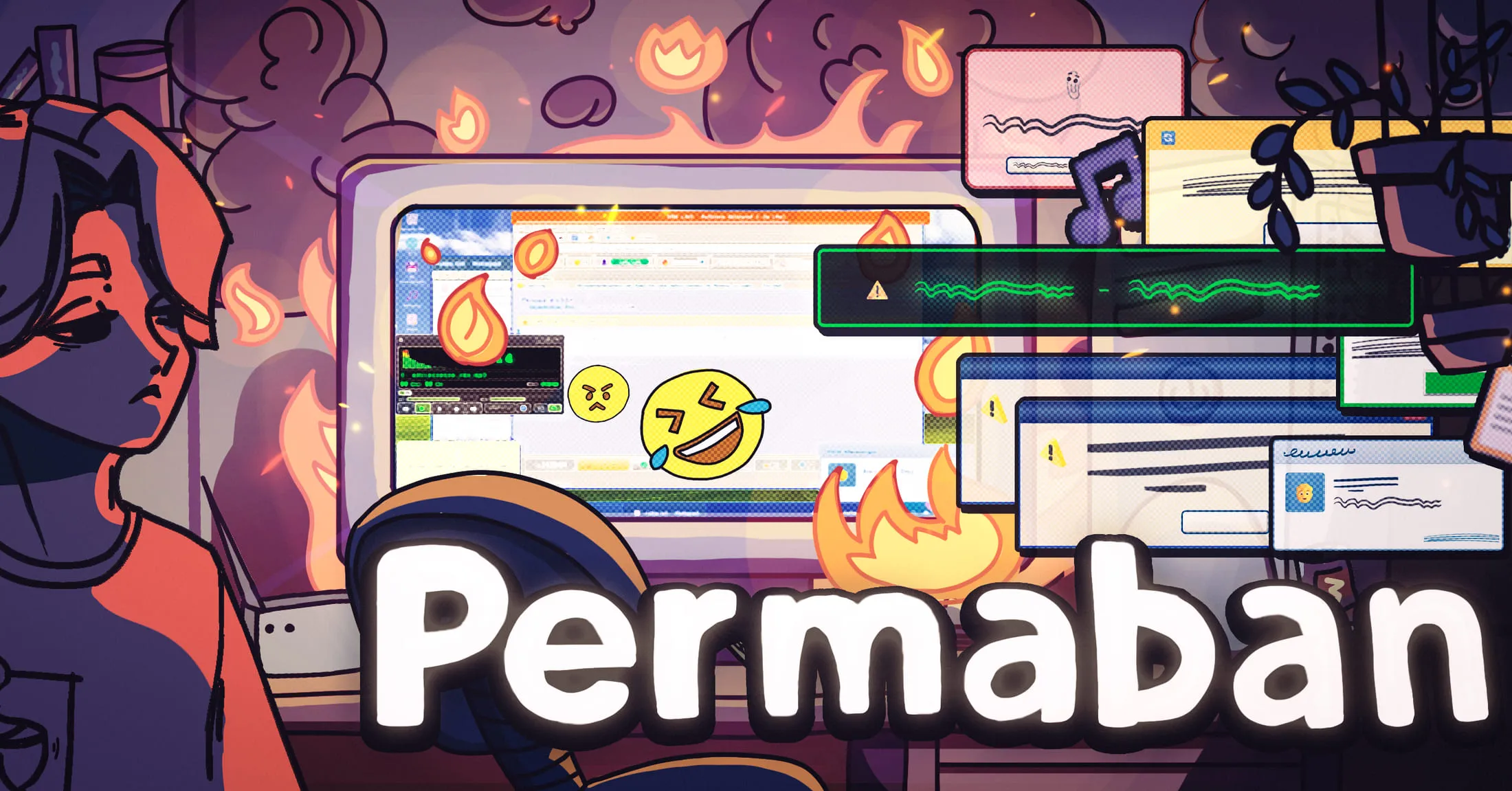 Permaban key art: a moderator at a burning 2007 desktop covered in popups