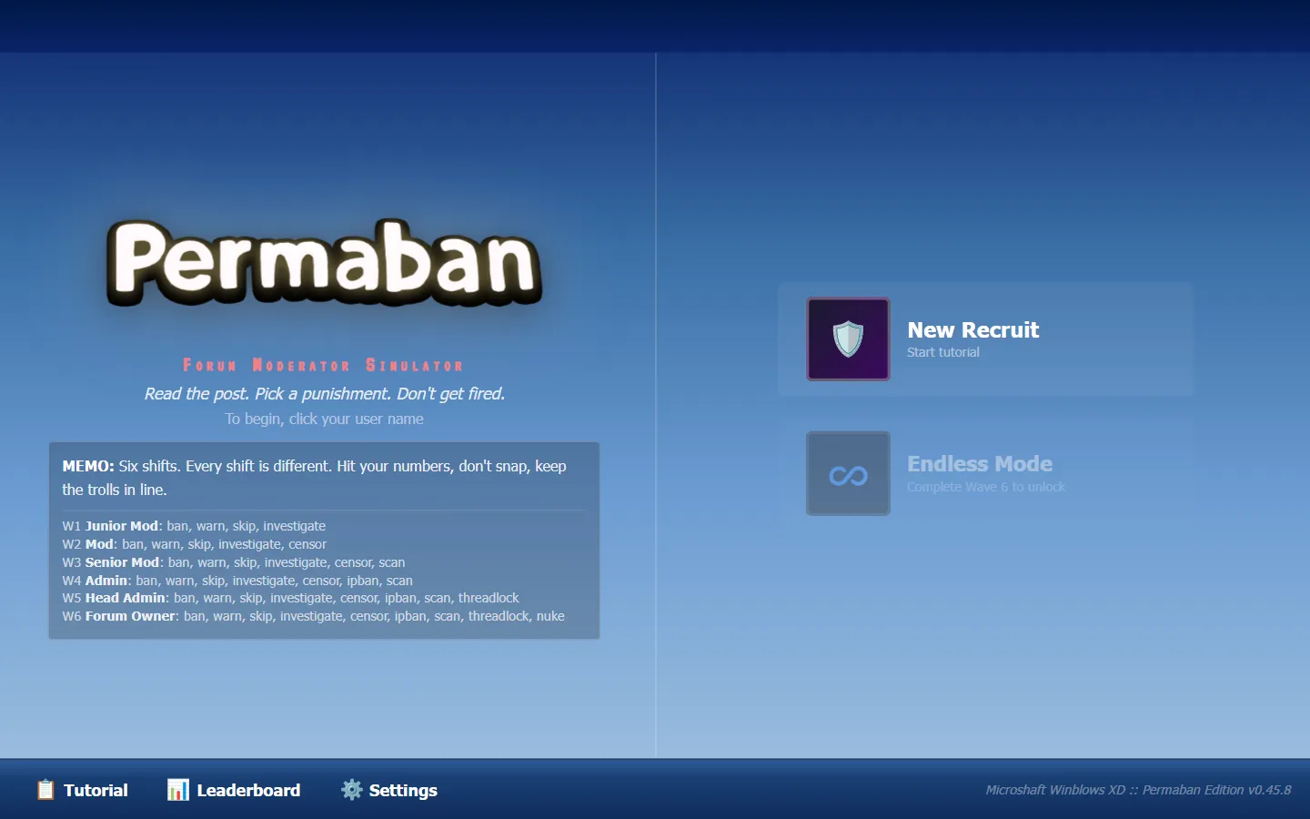 Permaban title screen styled as a 2007 desktop: the Forum Moderator Simulator logo, a memo listing the six shifts, and New Recruit and Endless Mode buttons