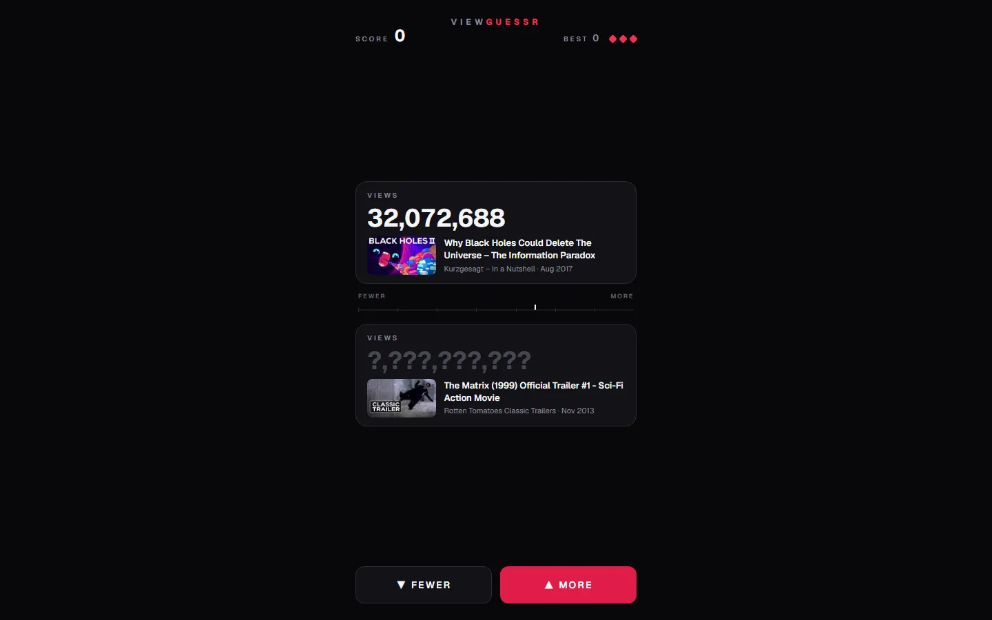 ViewGuessr Higher/Lower mode: a Kurzgesagt video with 32 million views above a Matrix trailer with hidden views, and Fewer and More buttons